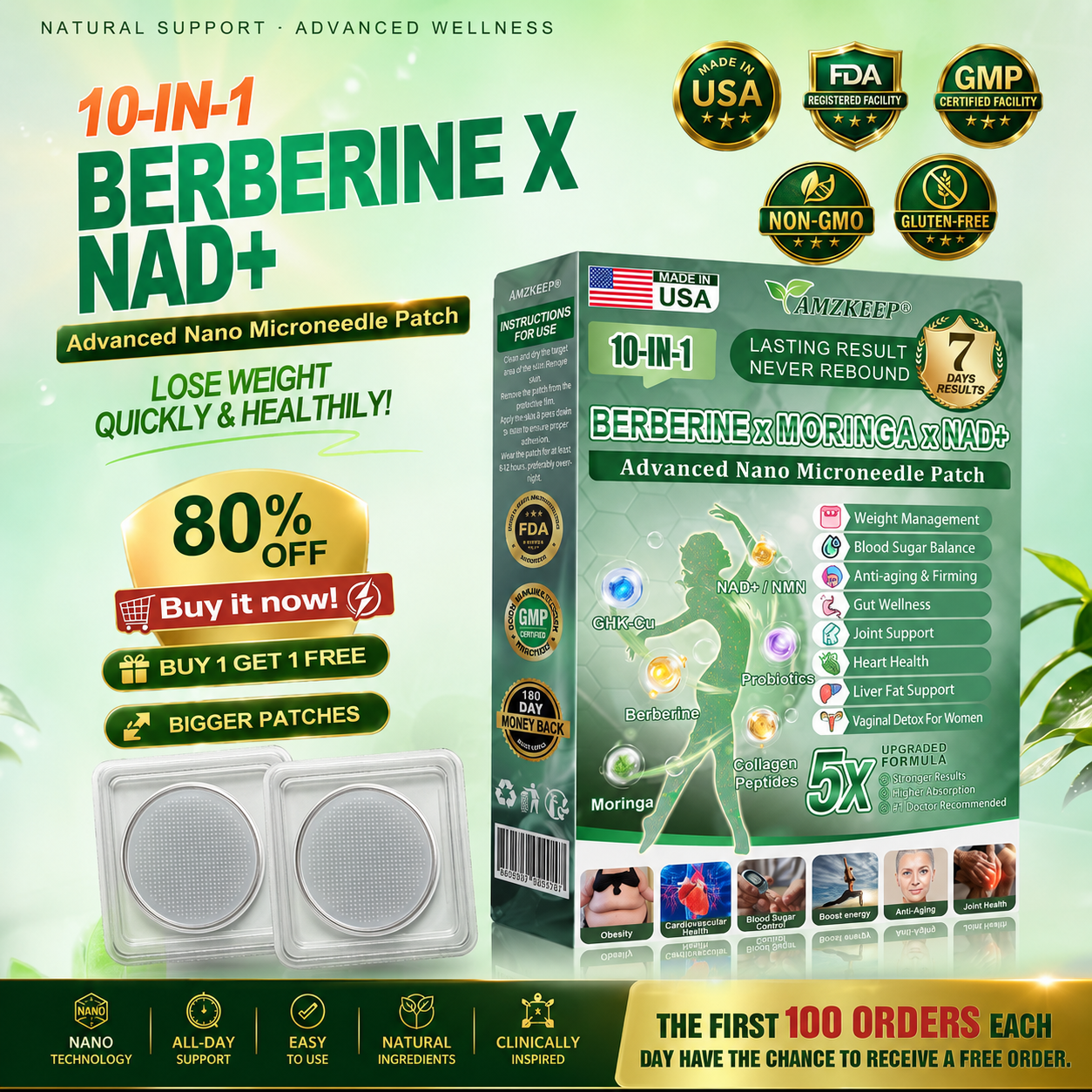 AMZKEEP® NAD+ Moringa Berberine AMPK Support Nano Microneedle Patch