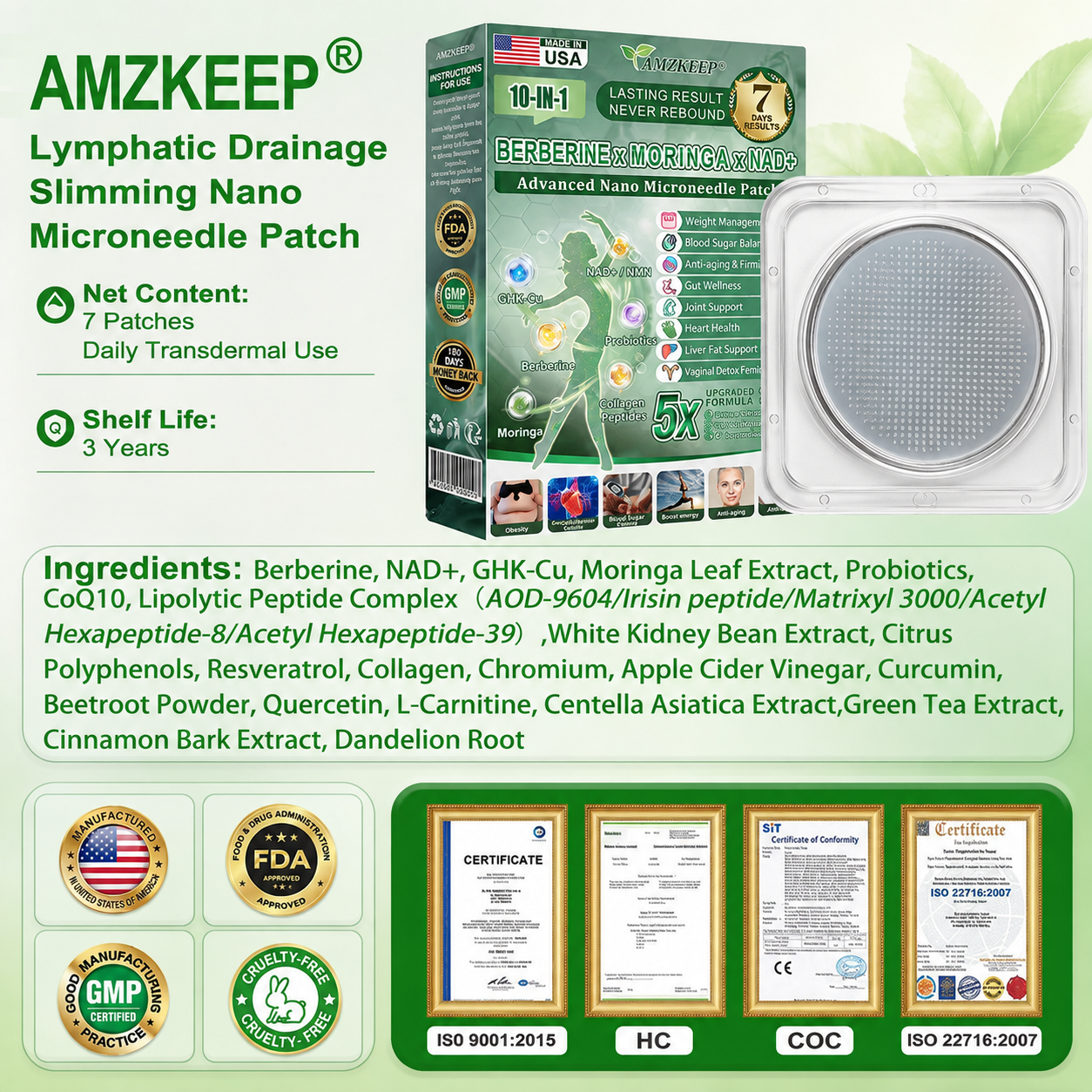 AMZKEEP® NAD+ Moringa Berberine AMPK Support Nano Microneedle Patch