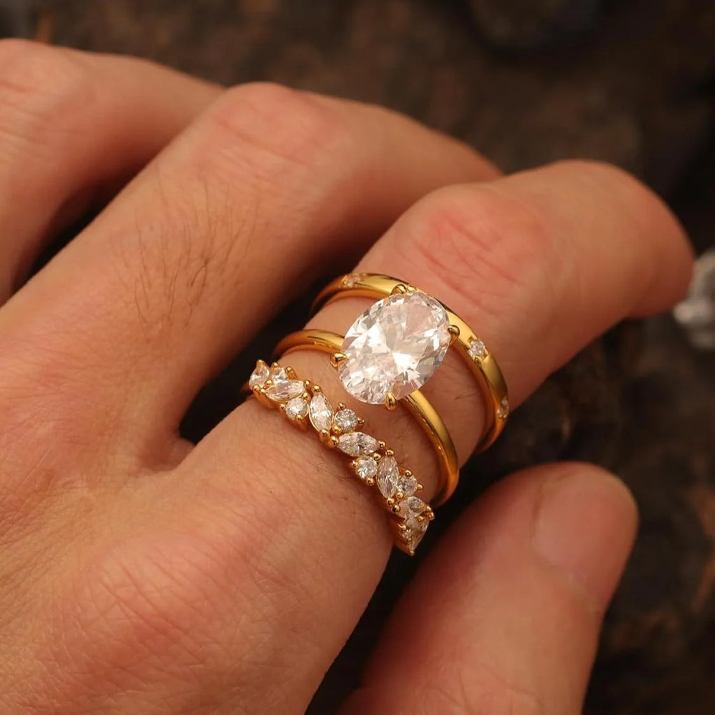 3pcs Oval Moissanite Bridal Set 8x12mm 4.5CT - Stackable Wedding Rings Fine Jewelry for Women, 925 Sterling Silvery Luxury Trio