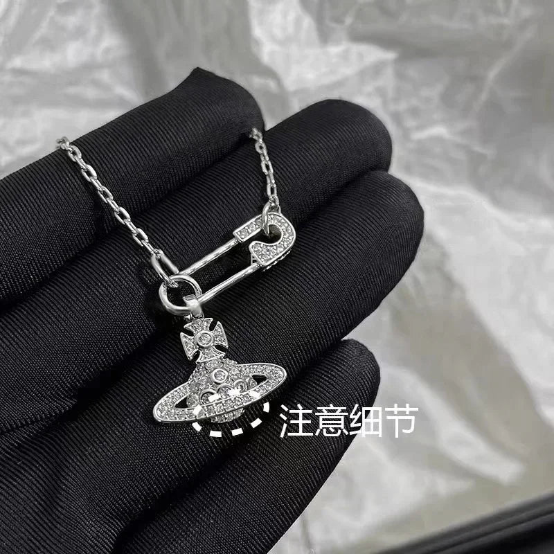 MDL Moissanite styleEmpress Dowager Pin Planet Necklace Women Simple Temperament Collarbone Chain Netroots Gift Premium Feeling