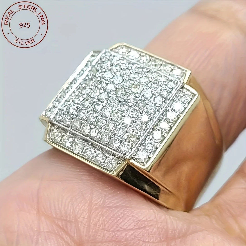 Fashion Studded Men's Stunning Engagement Ring Made In 925 Sterling Silver Luxury 18K Gold Plated Hip Hop Rings Fine Jewelry