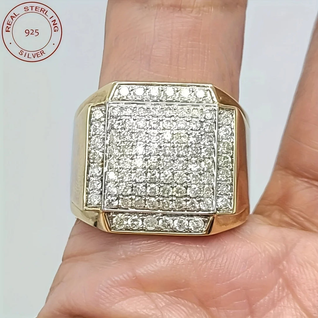 Fashion Studded Men's Stunning Engagement Ring Made In 925 Sterling Silver Luxury 18K Gold Plated Hip Hop Rings Fine Jewelry