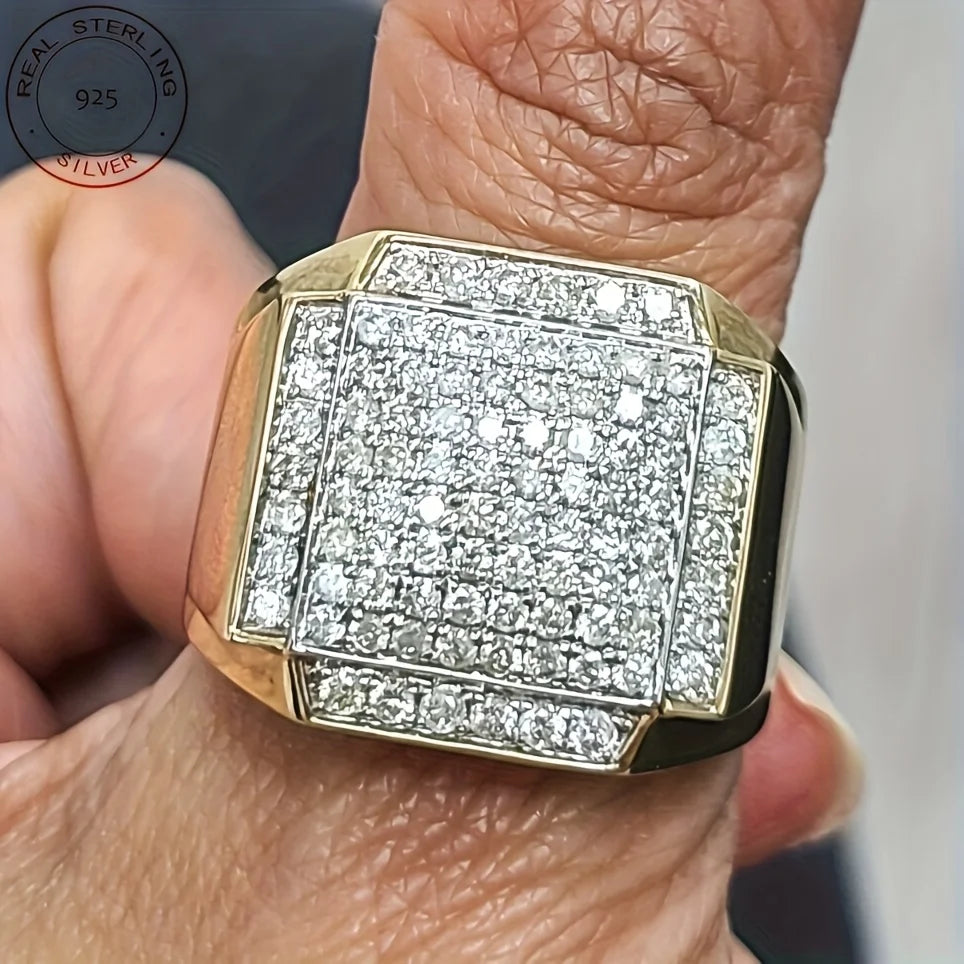 Fashion Studded Men's Stunning Engagement Ring Made In 925 Sterling Silver Luxury 18K Gold Plated Hip Hop Rings Fine Jewelry