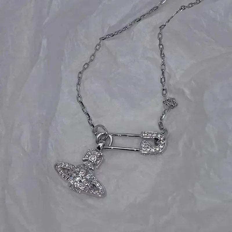 MDL Moissanite styleEmpress Dowager Pin Planet Necklace Women Simple Temperament Collarbone Chain Netroots Gift Premium Feeling