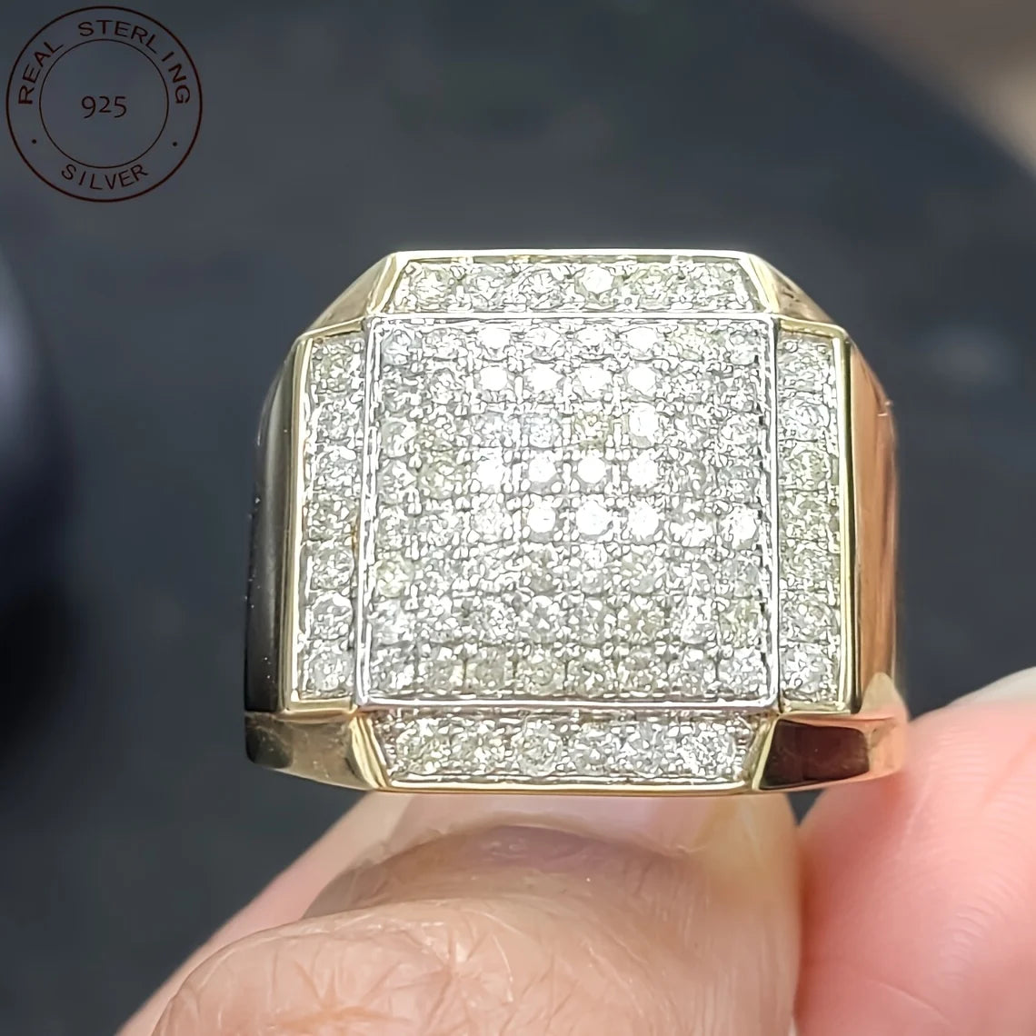 Fashion Studded Men's Stunning Engagement Ring Made In 925 Sterling Silver Luxury 18K Gold Plated Hip Hop Rings Fine Jewelry